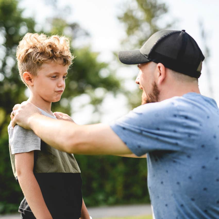 dad talking to confident son refusing to compare him to other kids