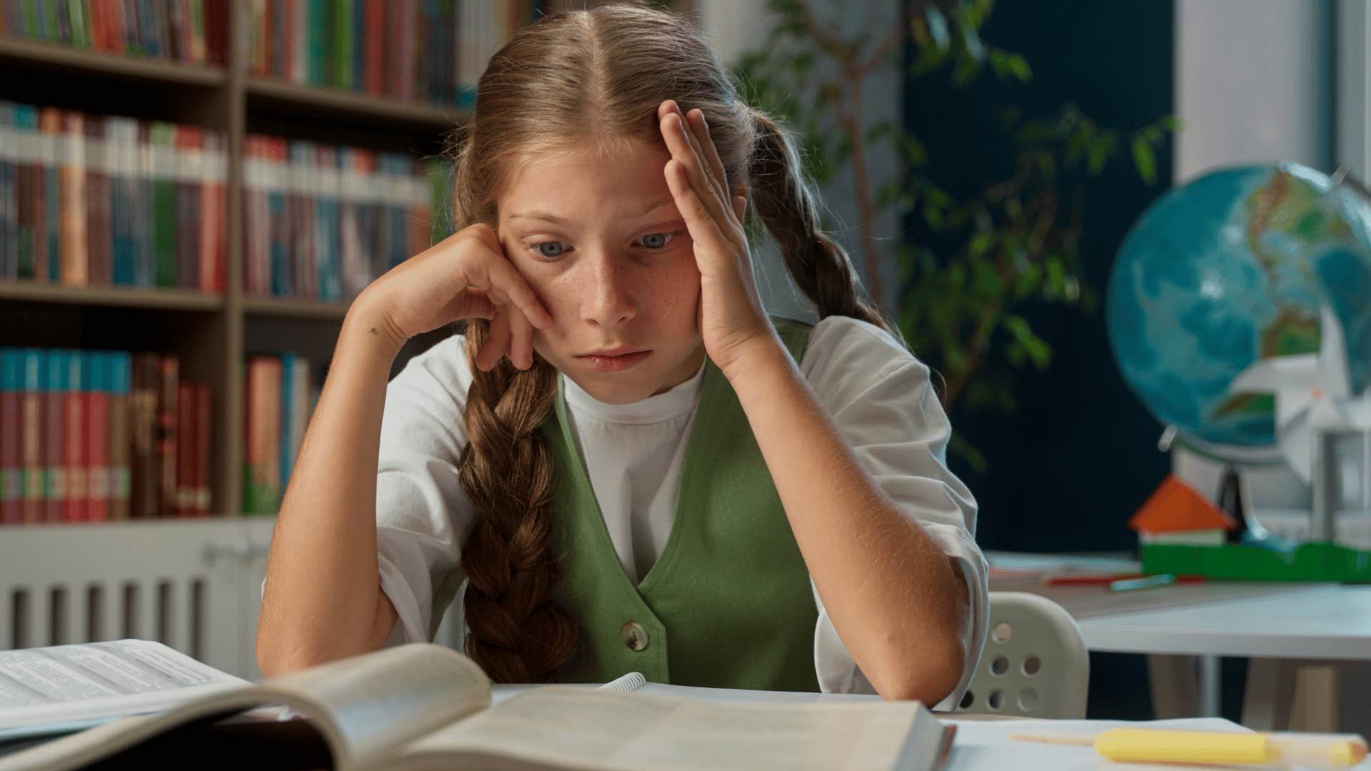 uncomfortable little girl studying at school