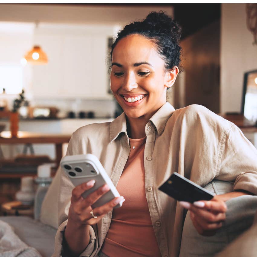 Woman spending on convenience at home.