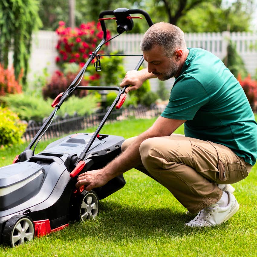 Older man doing lawn care at home