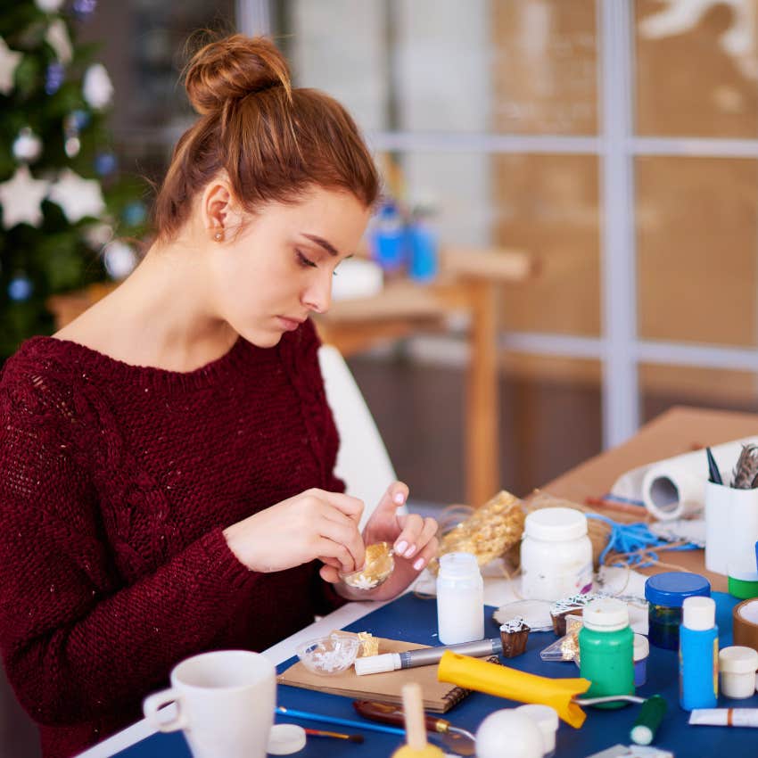 woman working on crafts during a weekend with no plans