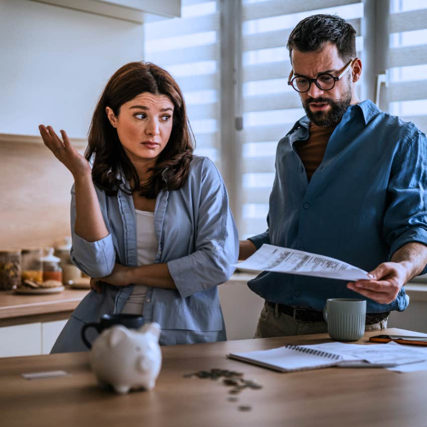 Woman saying "I don't know what you're talking about" to her husband.