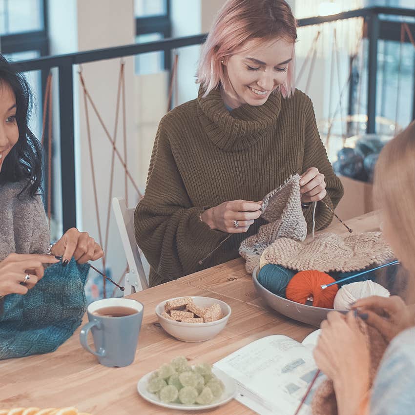 group of emotionally and mentally strong women knitting together