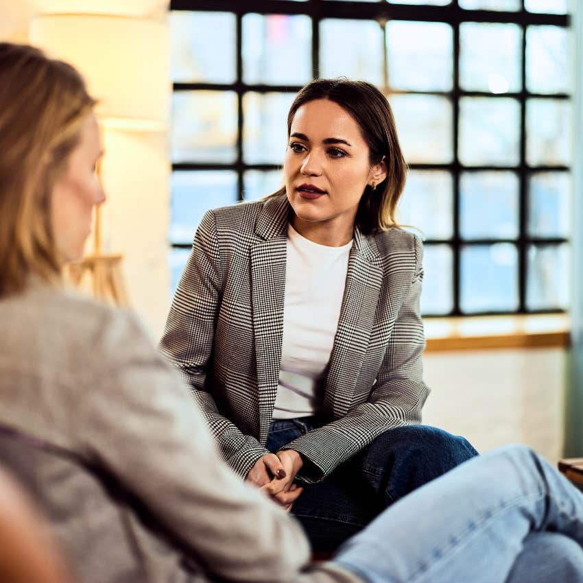 Toxic woman saying "I'm just looking out for you" to her friend. 
