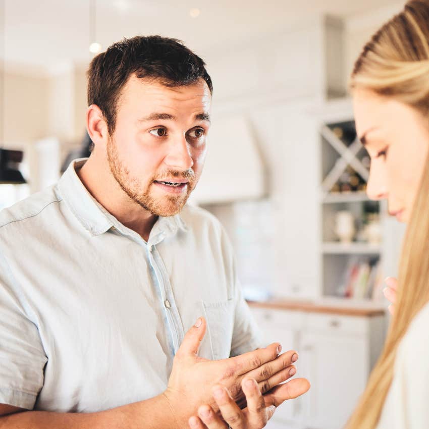 Man saying "I don't get angry, unless someone makes me" to his partner.