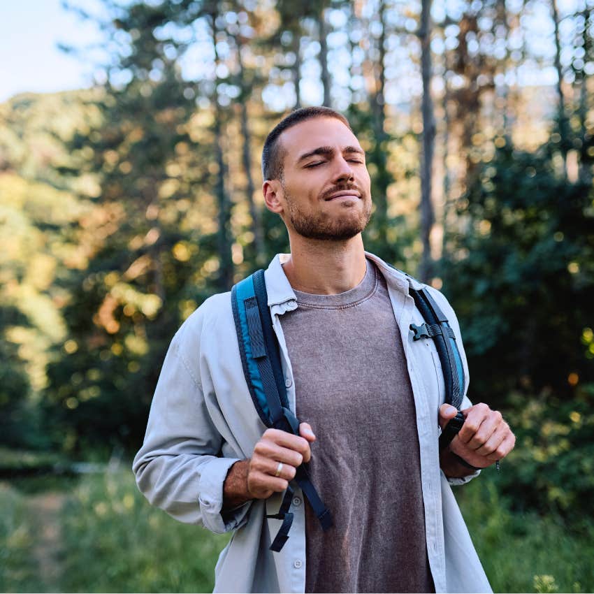 Man calming his mind with long walks outside.