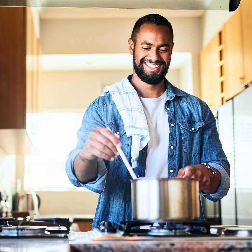 Man cooking for himself at home alone