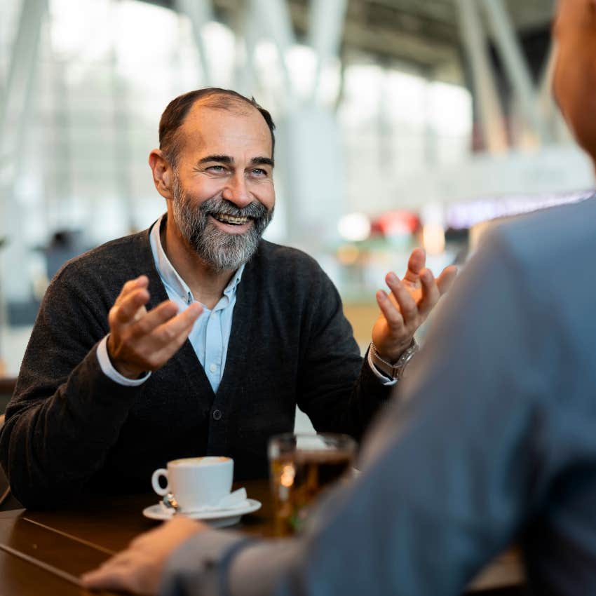 Man who's open-minded eating at a new restaurant with a friend