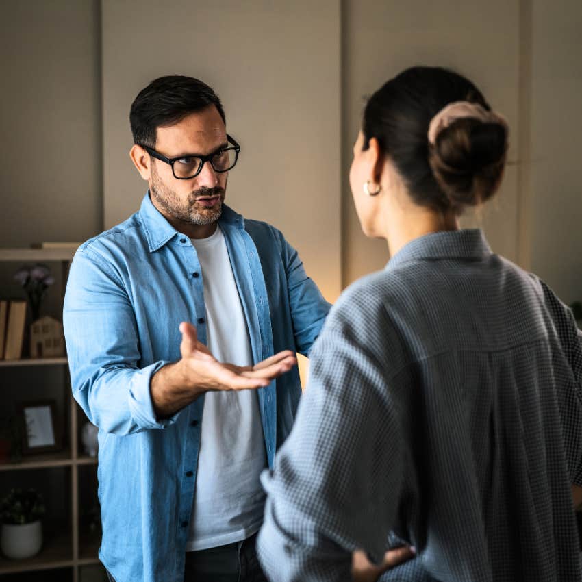 Man saying that's wrong to his wife at home