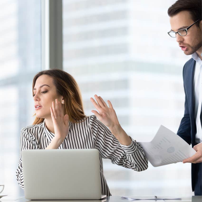 woman with no self-awareness telling man do what you want at work