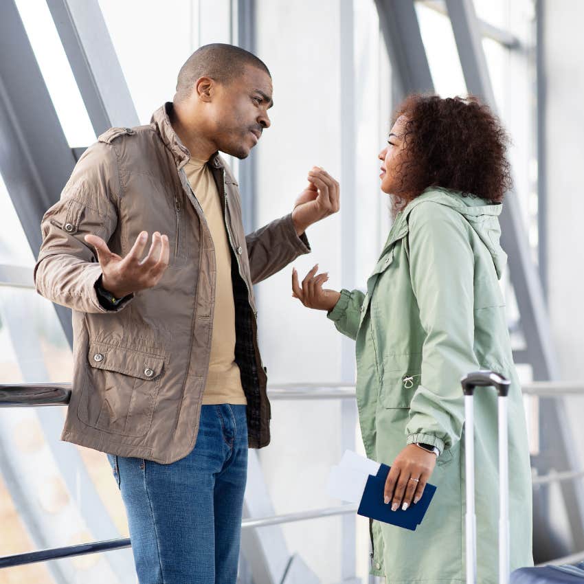 verbally and emotionally defensive woman telling her husband his upset is his problem