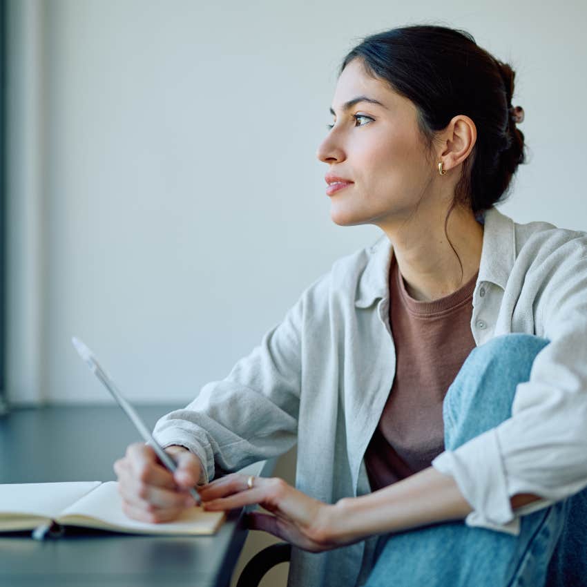 woman who is messy and always late reflecting