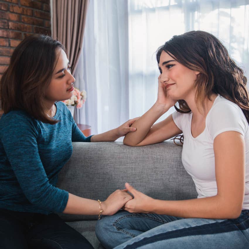 woman who is secretly ashamed excessively apologizing to her friend