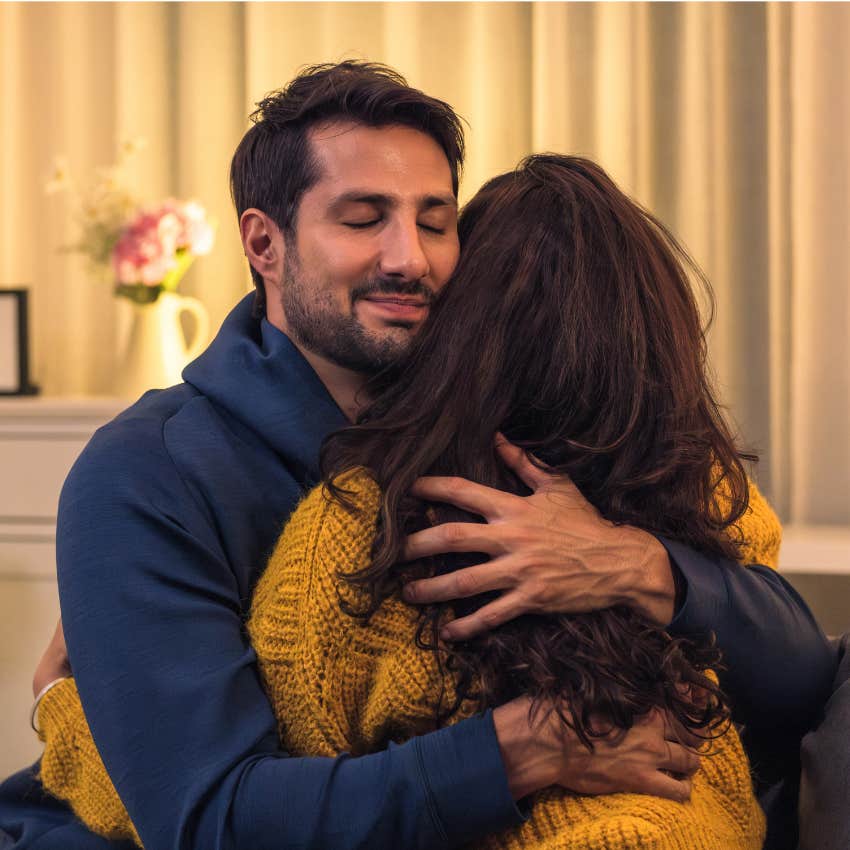happy couple hugging before bed