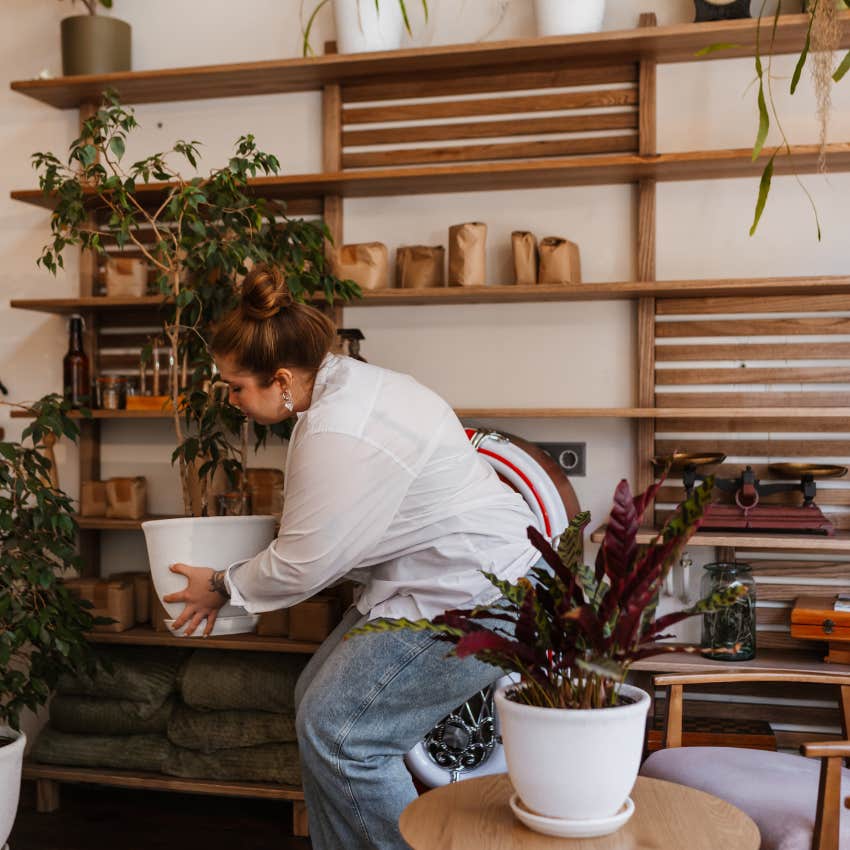 woman who loves peace and quiet taking care of indoor plants