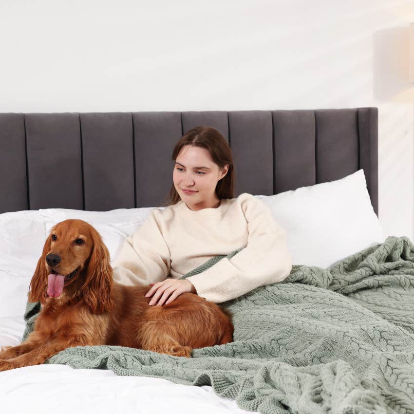 woman laying in bed being affectionate with her happy dog