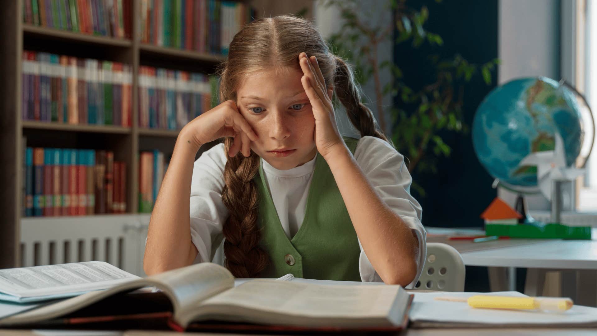 young girl studying in the library memorizing information