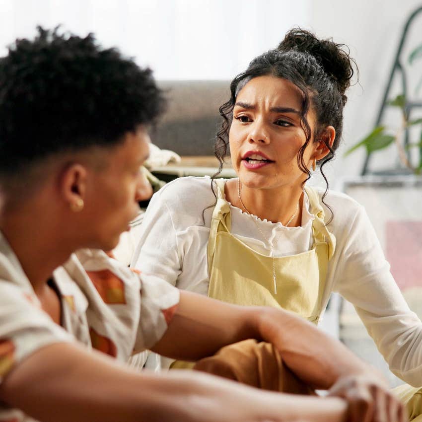 angry exhausted woman saying I don't know to her partner