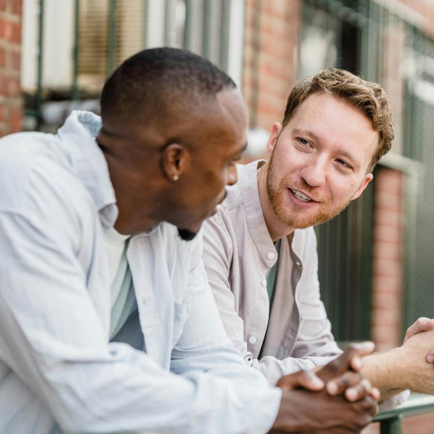 insecure man telling friend he has to be on his best behavior around him