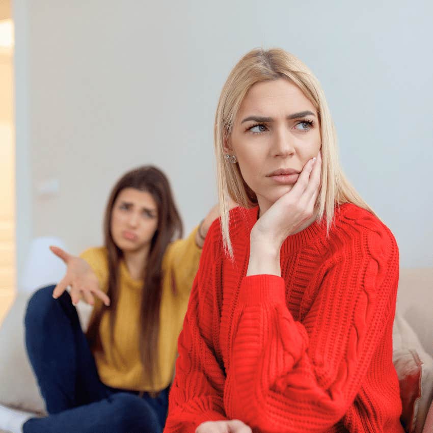 annoyed new mom talking to person with zero empathy