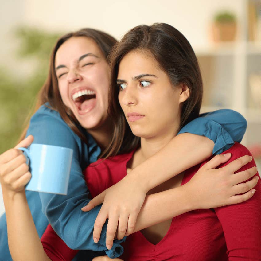 awkward one-sided interaction between women