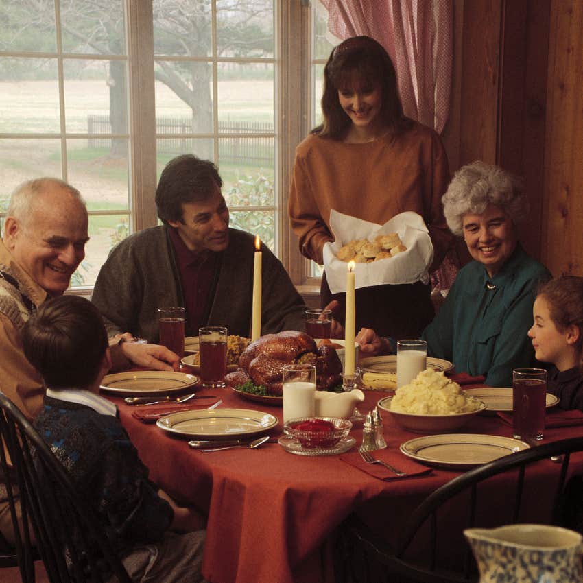 70s family eating with manners at the dinner table