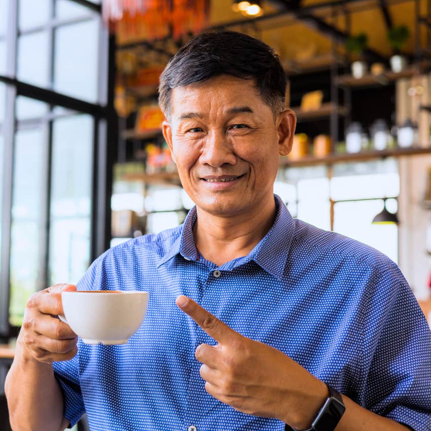 Man who can appreciate a simple life at home drinking coffee.