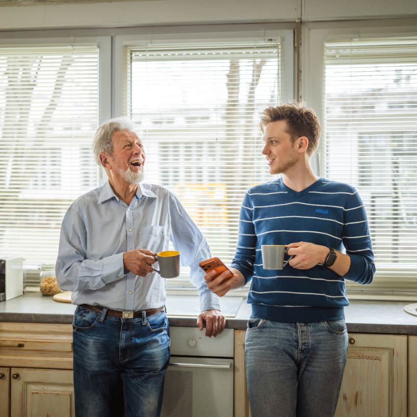 adult son setting rules with his dad while they share coffee so they can have a healthy relationship 