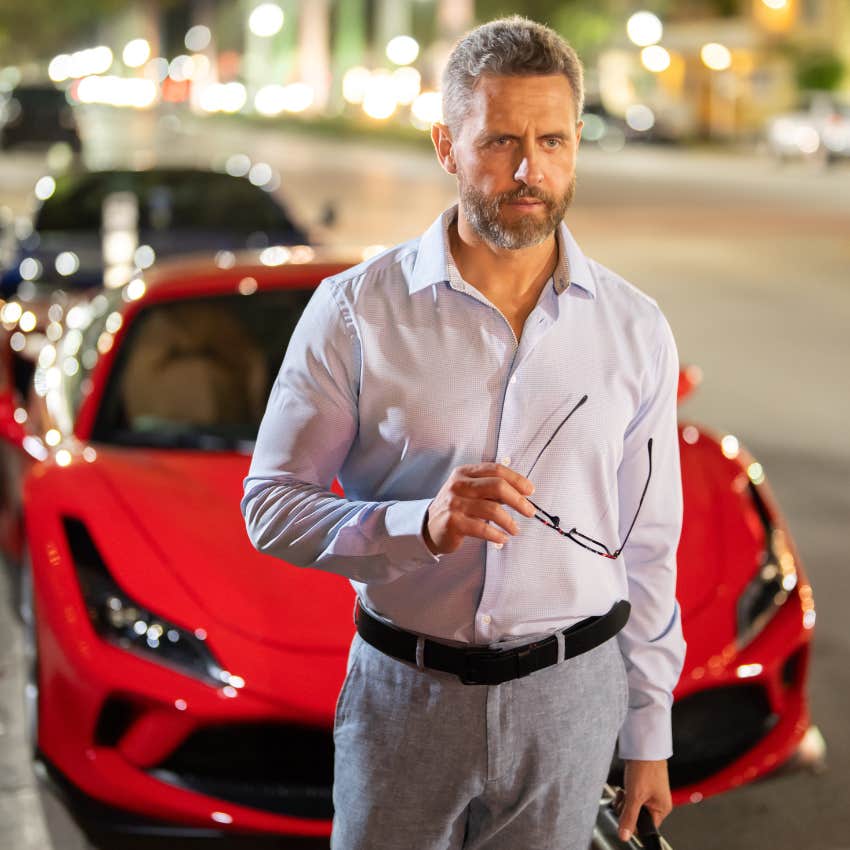 insecure man pretending to be rich by boasting about his expensive car