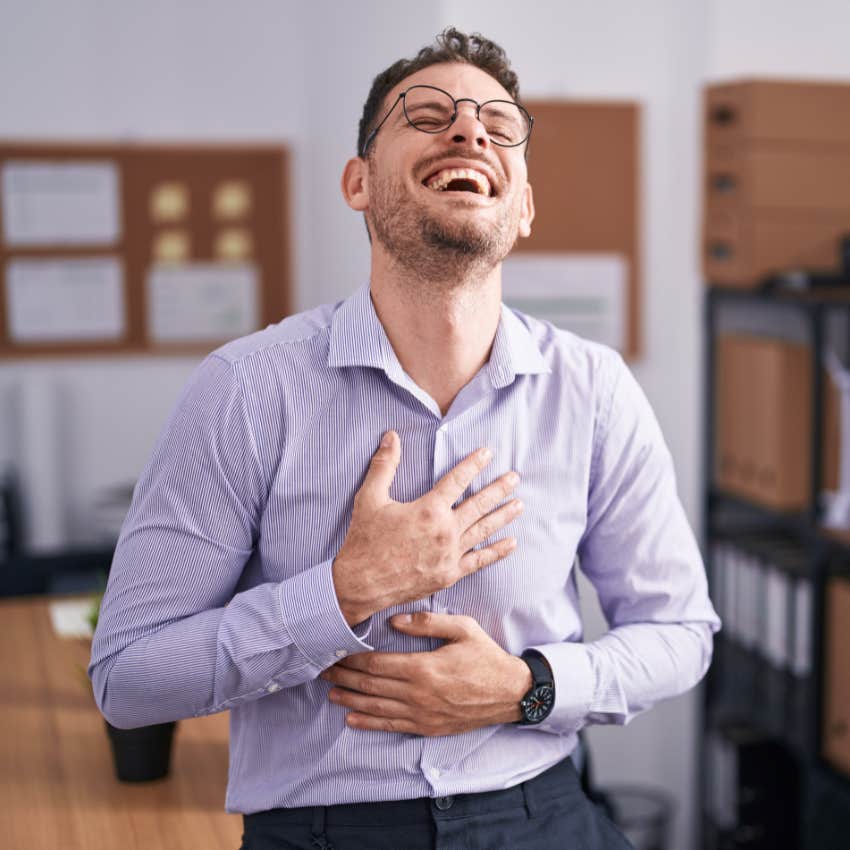 emotionally competent man expressing joy laughing happily