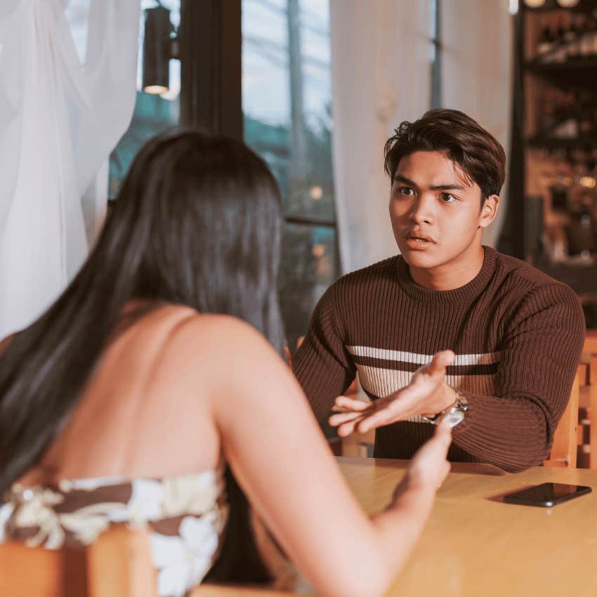frustrated man talking to woman needing to be right