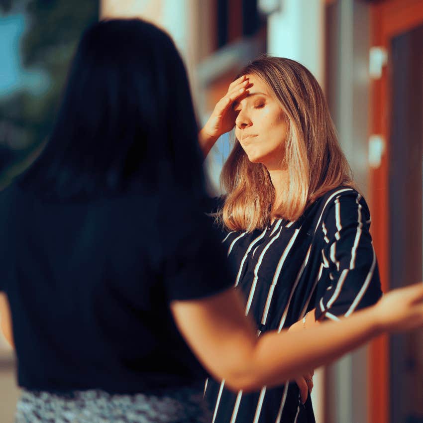 frustrated new parent talking to person with zero empathy