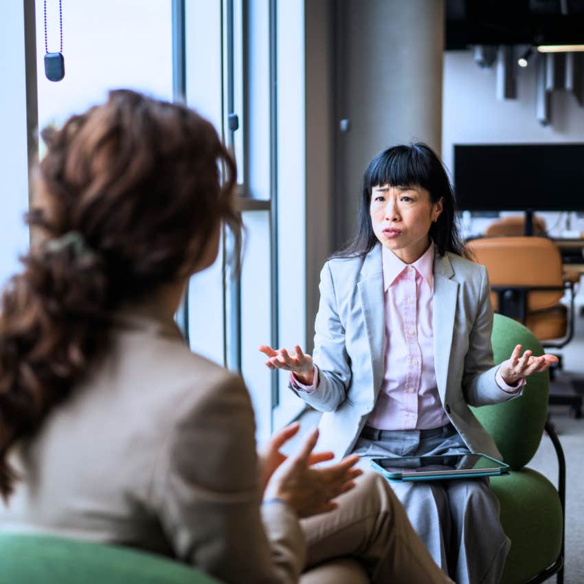 gen X woman oversharing at work with her co-worker