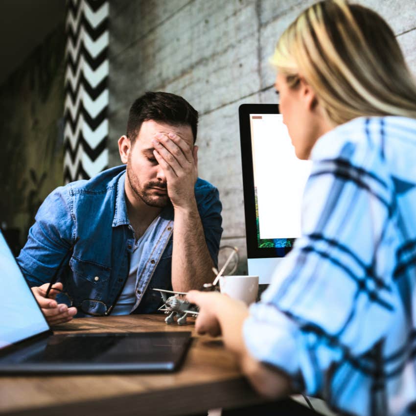 Man saying "I'm too tired for this" to his partner.