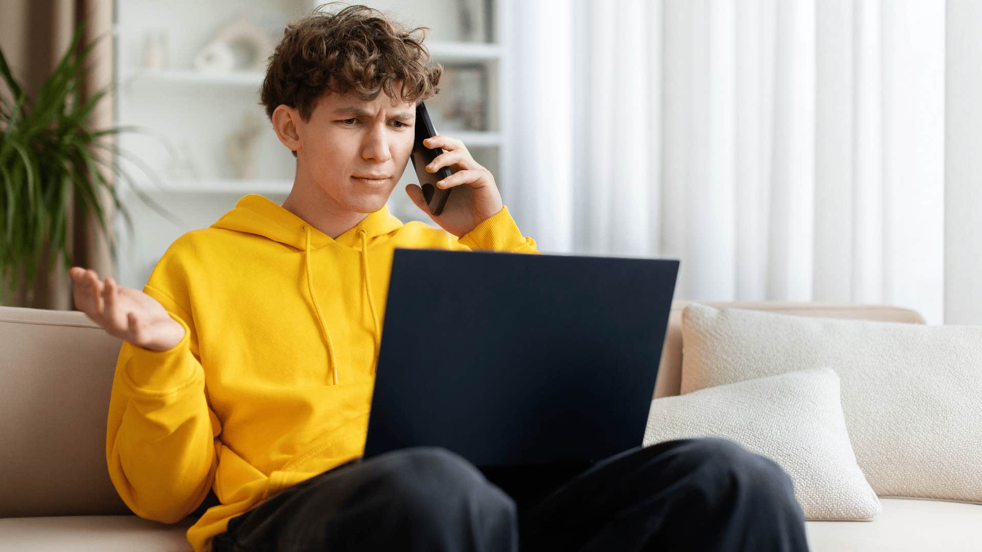 teenage boy arguing on the phone saying grandma will buy it for me