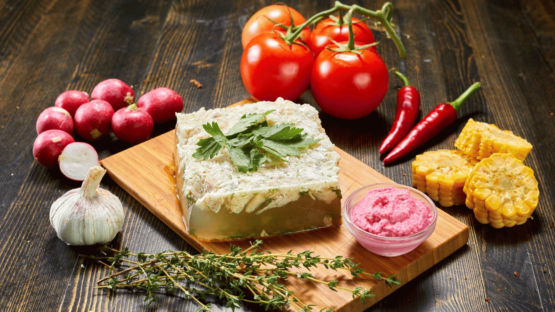 aspic on board near other vegetables 