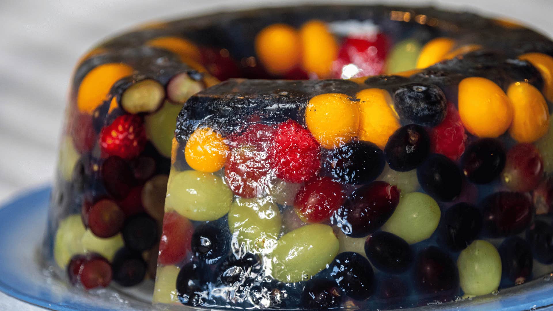 jell o salad on blue plate