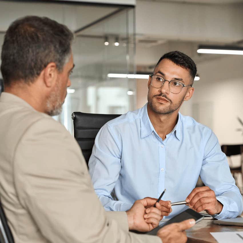 man with high self respect telling his coworker he deserves respect