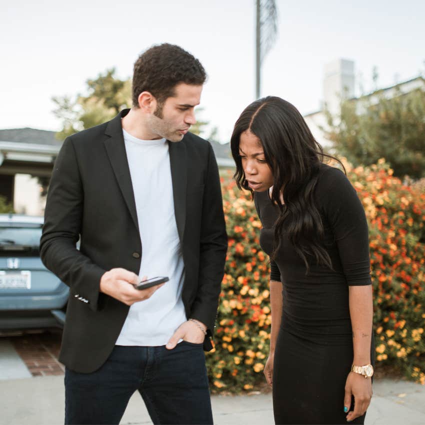 uncomfortable woman next to man demanding to know why she isn't responded to his messages