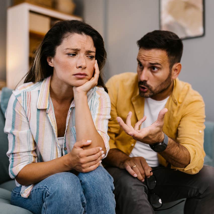 toxic man weaponizing his love in conversation with upset wife