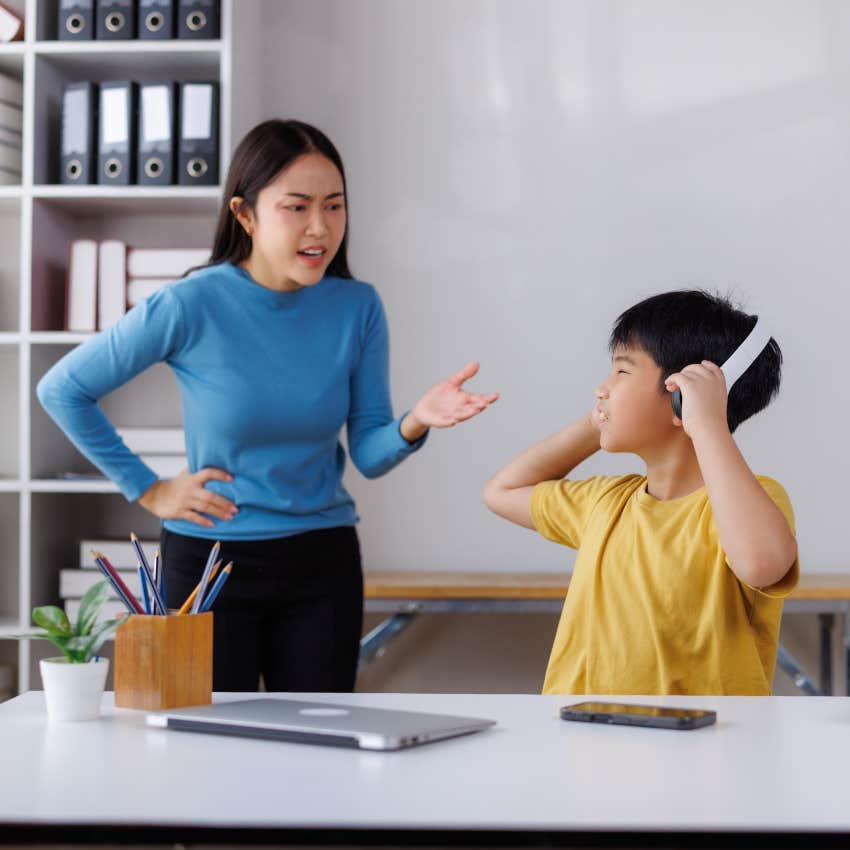 kid with zero respect for authority telling a woman he's not listening