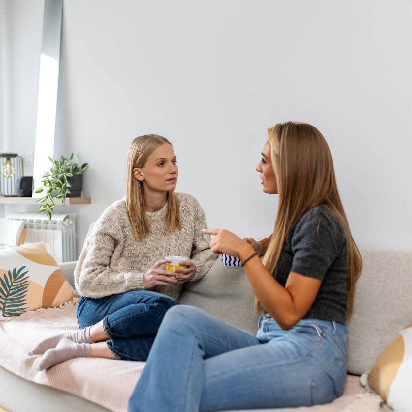 mentally and emotionally selfish woman telling friend she's just being honest