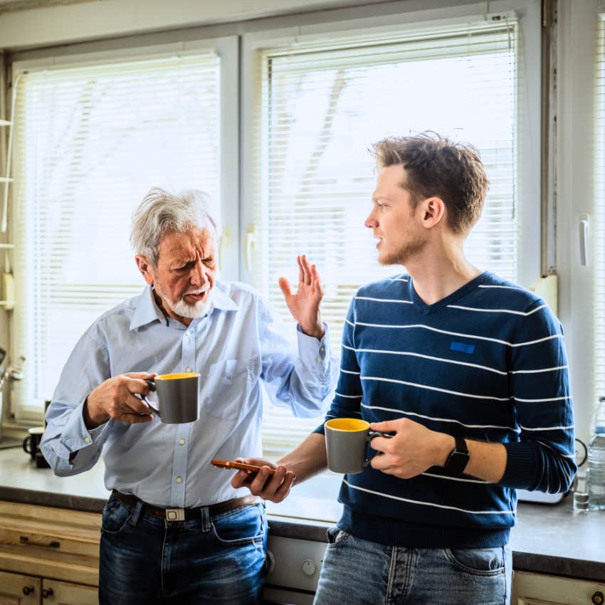 Man saying this is how you repay me to his adult son at home.