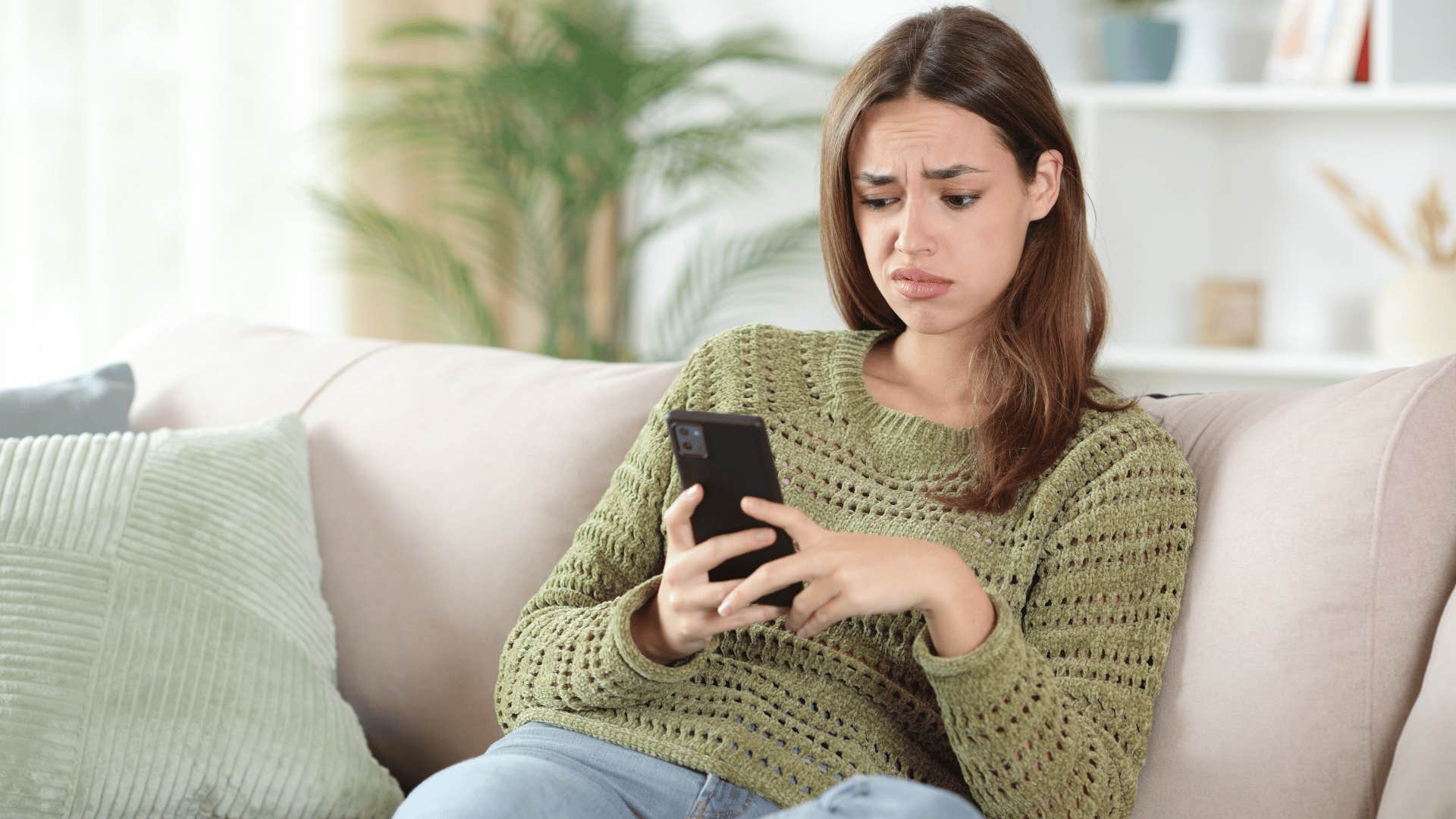 woman in green sweater saying people are so inconsiderate these days