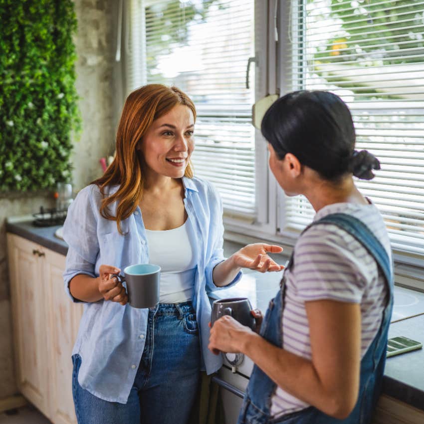 woman who is full of it over-explaining details to a friend over coffee