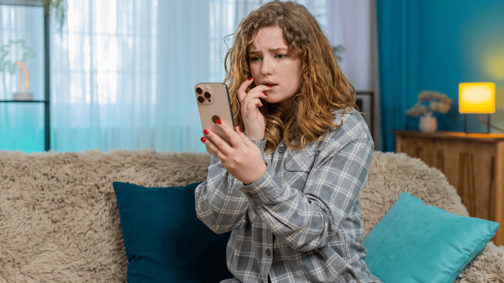 woman looking at phone nervously as she thinks it should probably be fine