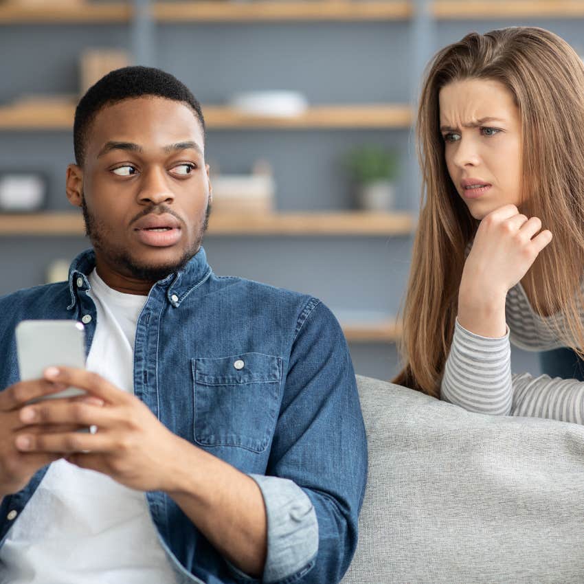suspicious woman unsure if her man's being honest