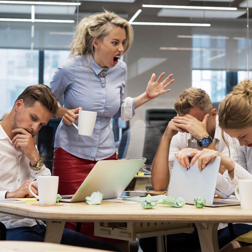 Reactive woman yells at her coworkers for saying that she's mad