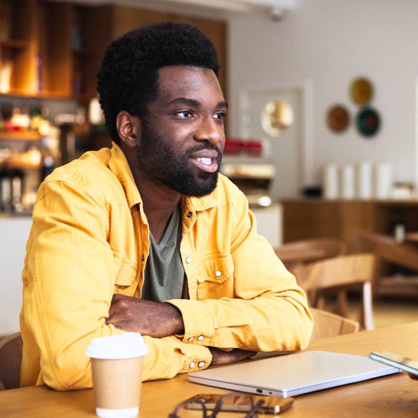 man with real depth talking about the same thing again and again at a coffee shop