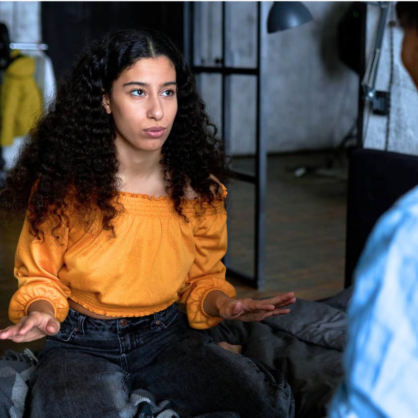 annoyed woman telling friend playing the victim I feel like we've had this conversation before